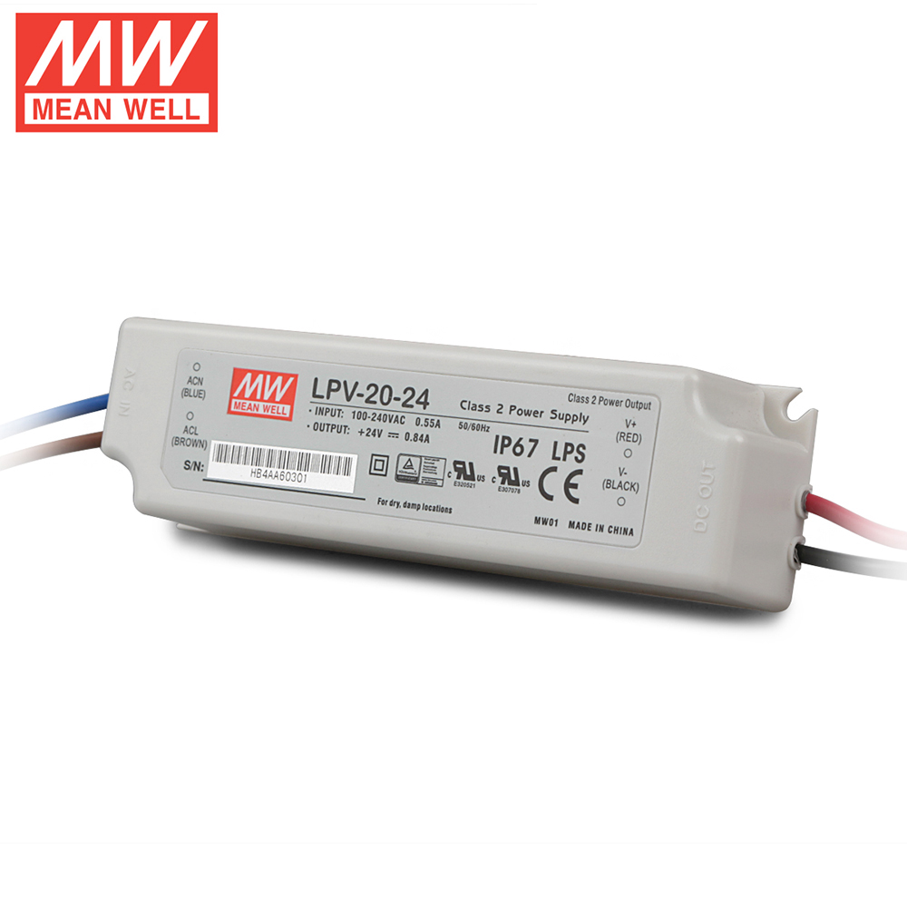LPV-20-24 20Watt AC90～264V Input Mean Well High-efficacy Waterproof DC24V UL-Listed LED Display Lighting Power Supply